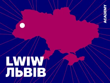 Graphic: Ukraine outline as berry color area, background blue, white lettering Lwiw in English and Ukrainian.