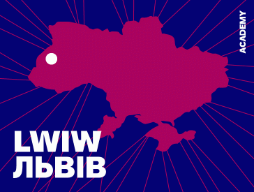 Graphic: Ukraine outline as berry color area, background blue, white lettering Lwiw in English and Ukrainian.