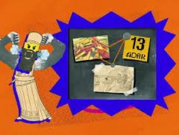Filmstill aus dem animierten Film "Purim. Feiern, wer man ist." Eine männliche Figur reißt wütend die geballten Hände nach oben, Dampfwölkchen kommen aus seine Ohren. Auf der rechten Seite sind drei Dinge abgebildet: ein Kalenderblatt mit der Aufschrift 13 Adar, ein Ausschnitt aus einer Ester-Rolle und ein Foto von bunten Losen.