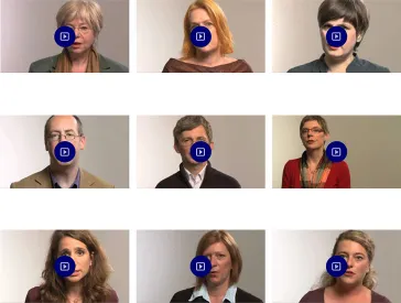 Screenshot of a page showing three rows of three video players each. Each of the video player’s start pictures shows a person talking