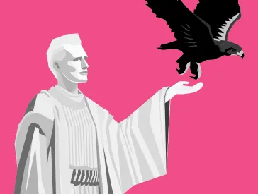 Die Zeichnung im Comic-Stil zeigt eine androgyne Figur im Profil auf magentafarbenem Hintergrund. Sie trägt eine helle Kutte, ihre linke Hand ist erhoben. Ein Adler ist gerade aus ihrer Hand losgeflogen