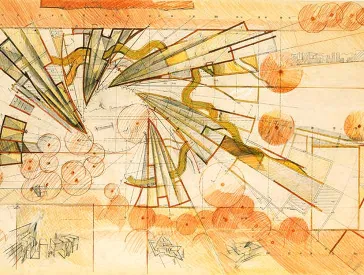 Color design drawing by Zvi Hecker with spiraling wedges, half cylinders and pyramids
