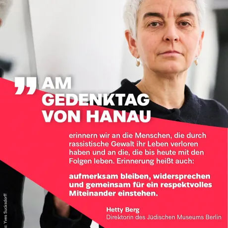 Eine Frau mit kurzen wei&szlig;en Haaren schaut in in die Kamera, &uuml;ber dem Bild ein Zitat von ihr zum Gedenktag von Hanau, das dem Flie&szlig;text unterm Bild zu entnehmen ist.