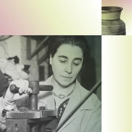 Collage aus einer historischen Fotografie einer Frau in einer Werkstatt und einem Objektbild.