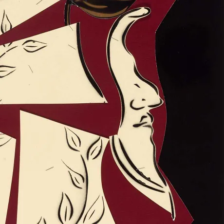 Collage: A beige jug with a lid is disassembled into larger individual parts. A black and gold-colored plant tendril grows from an upper part of the jug. A face appears in profile on the right-hand side (as part of the jug). 