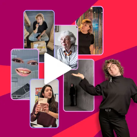 Collage of six photos and graphics. On the right edge of the image, a woman with glasses and curly hair is presenting the pictures. A play symbol is placed in the center.