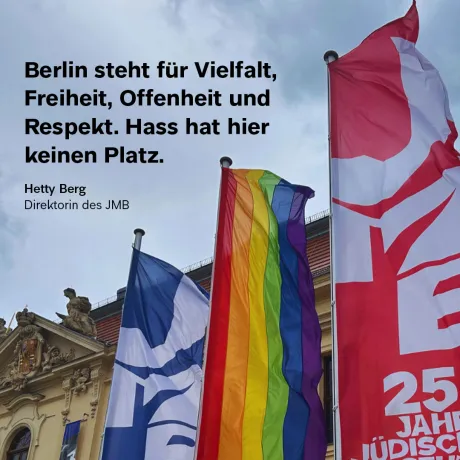 The Jewish Museum building, featuring flags and a quote from the director.