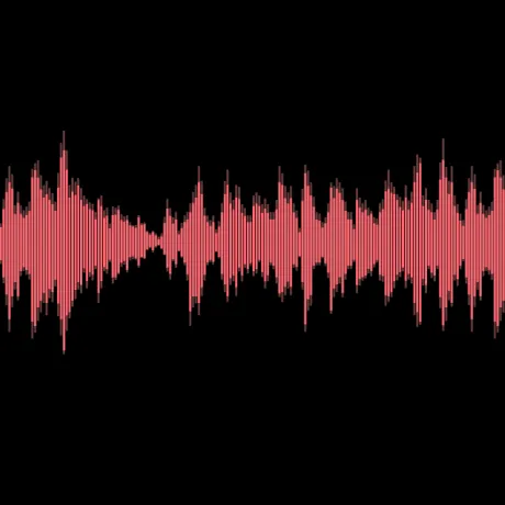 Visualisierung einer Tonspur als Waveform (blassrote Amplituden auf schwarzem Hintergrund).