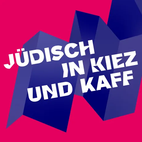 Grafik mit rotem Hintergrund und lilafarbener stilisierter aufgeklappter Landkarte, dar&uuml;ber in Wei&szlig; der Schriftzug: J&uuml;disch in Kiez und Kaff.