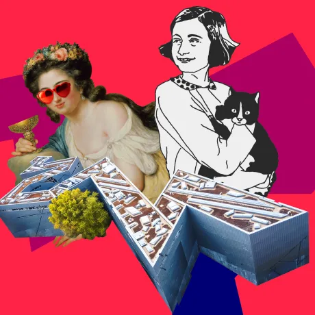 The image has a red background. It shows a collage: angular shapes in magenta and blue, with a graphic of the Libeskind building and two women above it. 