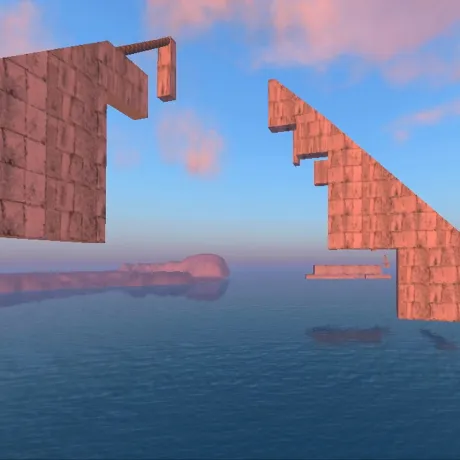 Kunstwerk von Mary Flanagan, das schwebende Mauern vor blauem Himmel über blauem Meer zeigt.