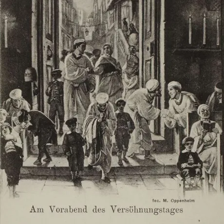 Lithography: Through the entrance door to the synagoge, we see Jews meeting for services.