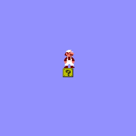 Die Videospielfigur Mario auf einem Quadrat mit Fragezeichen drauf vor blauem Hintergrund.