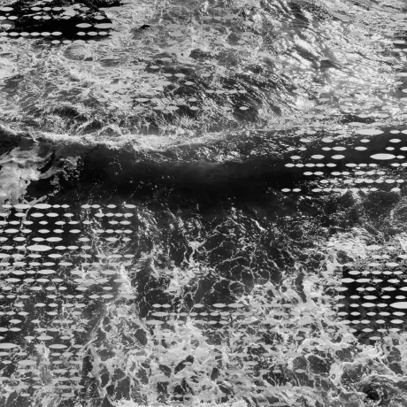Schwarz-weiß-Aufnahme von Wellen im Meer, überlagert von weißen Punkten.