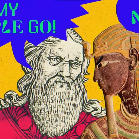 Filmstill aus dem animierten Film &bdquo;Pessach. Ein Hoch auf die Freiheit&ldquo;: die Figuren Moses und Pharao stehen sich gegen&uuml;ber. Es gibt zwei Sprechblasen. Moses sagt: Let my people go! Pharao sagt: Nope.