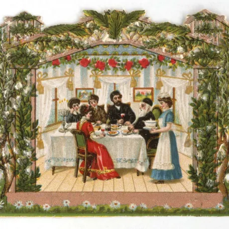 Buntes Oblatenbild, das eine Familie beim Essen und Feiern in der Sukka zeigt.