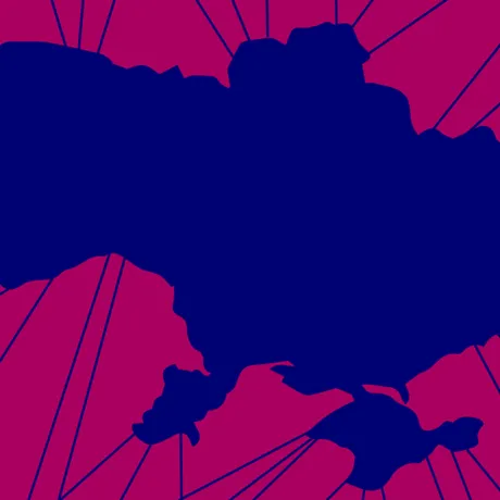 Grafik: Die Form der Ukraine in Blau vor berryfarbenem Grund, davon gehen Strahlen aus.