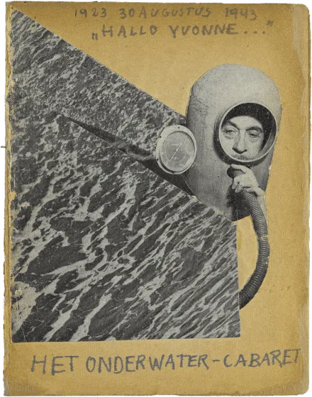 Titelblatt des Magazins Het Onderwater Cabaret vom 30. August 1943 mit einer Collage von Meer und dem Kopf eines Mannes, der wie ein Taucher aussieht.