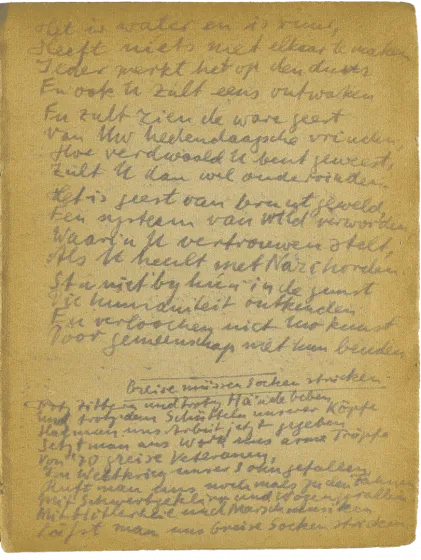 Handschriftlicher Ausschnitt aus Het Onderwater Cabaret mit dem Titel „Greise müssen Socken stricken“.