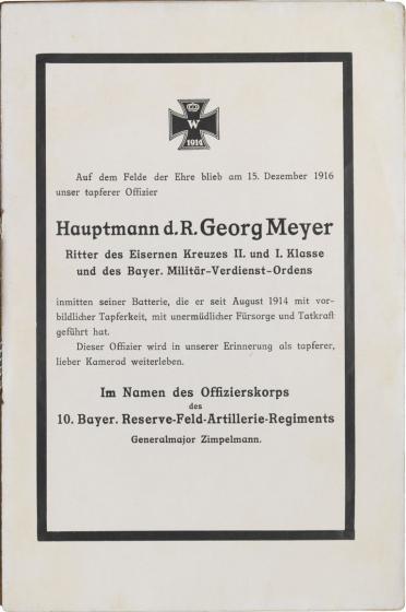 Obituary with black border and iron cross, printed