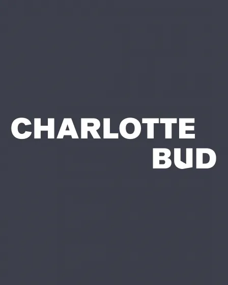 Schwarze Fläche auf der in weißen Buchstaben der Name "Charlotte Bud" steht.
