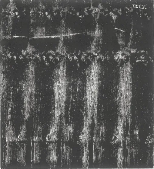 An abstract painting on wood in black and white; in the upper right corner, the German word &ldquo;Jetzt&rdquo; (meaning: Now) appears in mirror image.