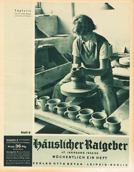 An advertisment showing a woman working on her clay goods at a turntable.