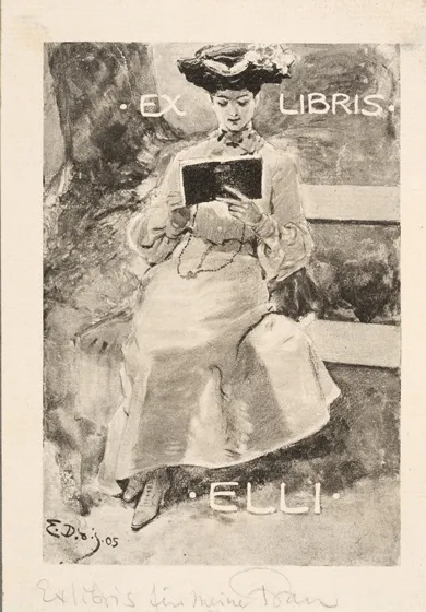  The bookplate shows a woman reading. Beige paper.