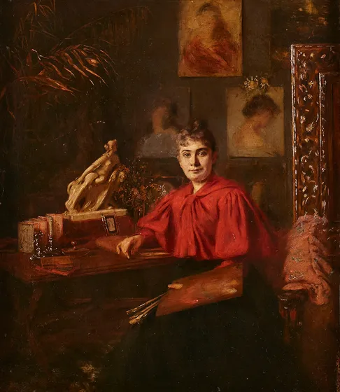  Painting of a woman wearing a red cape and sitting in a studio.