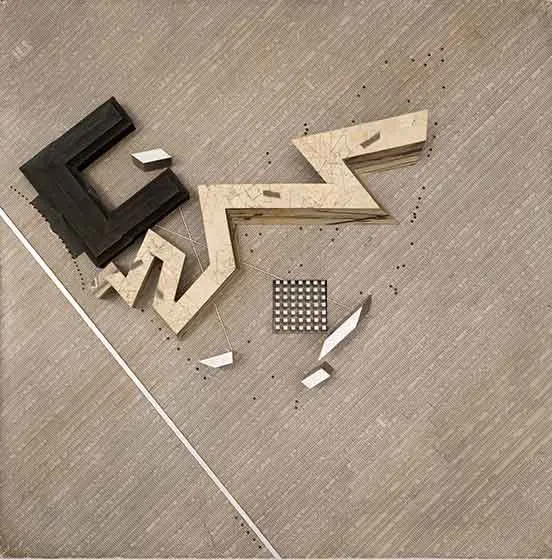 Modelle eines Geb&auml;udes: Links befindet sich ein U-f&ouml;rmiges, schwarzes Geb&auml;udemodell, rechts davon ein Zick-Zack-f&ouml;rmiges aus hellem Holz.