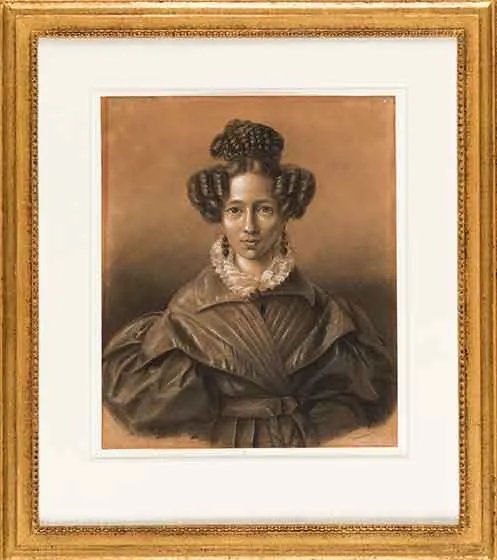 Painting of a woman from the Biedermeier period. It shows her head and upper body down to her hips. 