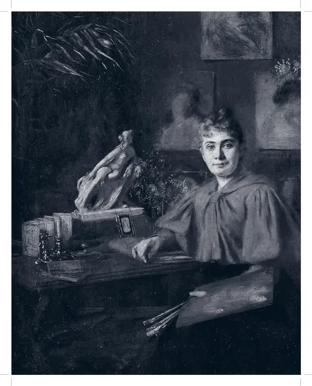 Gemälde einer Frau, die ein rotes Cape trägt und in einem Atelier sitzt.