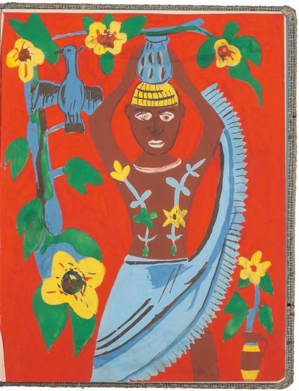 Color drawing of an “African water carrier” on an orange background with a flowering vine and a blue bird