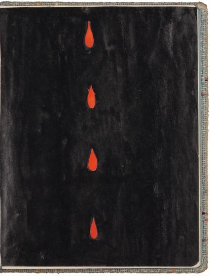 farbige Zeichnung: vier rote Tropfen, die in der Mitte senkrecht vor schwarzem Grund fallen