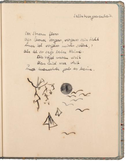 handschriftlicher Text, mit Tinte geschrieben, darunter schwarz-weiß-Zeichnung mit schwarzem Mond und stilisierten Vögeln
