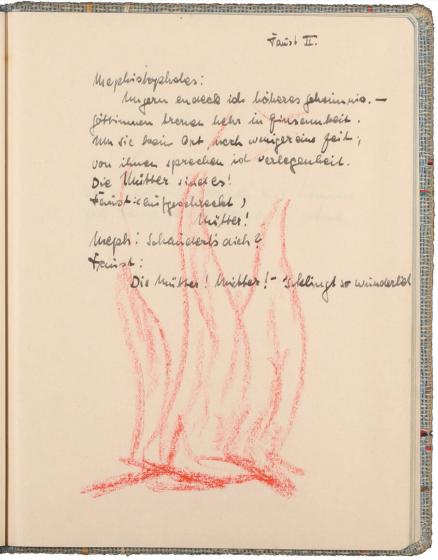handschriftlicher Text, mit Tinte geschrieben, darunter Zeichnung von rötlichen Flammen