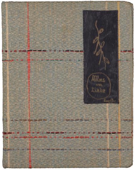 Little notebook with plaid cloth cover; title <cite>All for Love</cite> handwritten on black background