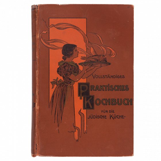 Book cover with drawing of woman carrying serving plate with steaming chicken