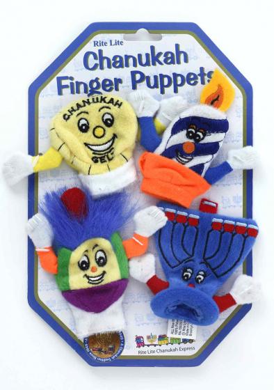 Small colorful finger puppets attached to cardboard packaging. They personify a piece of Hanukkah gelt (a chocolate coin), a burning Hanukkah candle, a dreidel, and a Hanukkah menorah. Each of the puppets has an embroidered face and outstretched arms.
