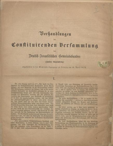 Title page of Verhandlungen der Constituirenden Versammlung des Deutsch-Israelitischen Gemeindebundes.
