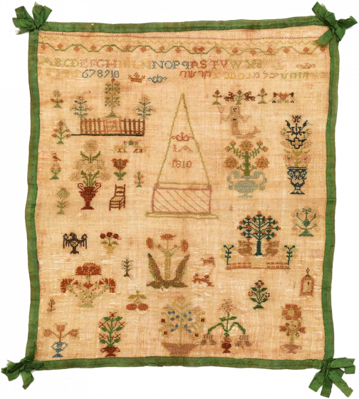 A sampler embroidered with floral motifs as well as the letters of the Roman and Hebrew alphabets