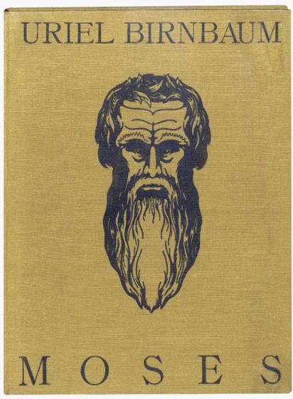 Buchcover von „Moses“ von Uriel Birnbaum mit großer Zeichnung eines Gesichts mit langem Bart