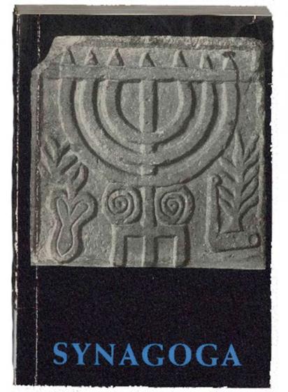 Book cover with image of a menorah stone relief, below the book title “Synagoga”