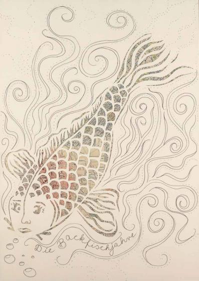 Drawing of a fish with colorful scales. The fish has the facial features of a young woman and looks at the viewer