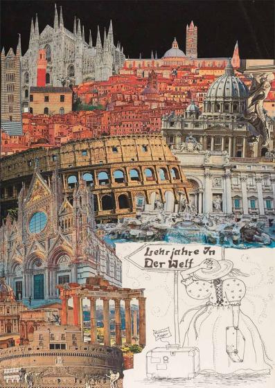In front of a colorful collage of Italian city landmarks, a drawn young woman can be seen from behind in the lower right corner, with a suitcase next to her.