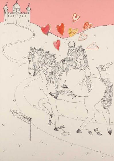 The drawing shows a man and a woman riding a horse along a path leading towards a city gate. Around them are many hearts and a signpost with the inscription “Charlottenburg”