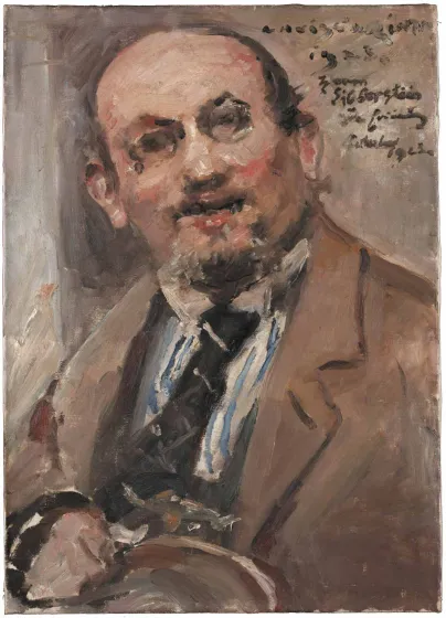 	Ölportrait von einem Mann mit wenig Haaren und einem Kinnbart, der förmlich gekleidet ist. Er schaut den Betrachter direkt an. Das Bild ist in Beigetönen gehalten und entspricht einem impressionistischen Malstil. Es ist außerdem rechts oben signiert.