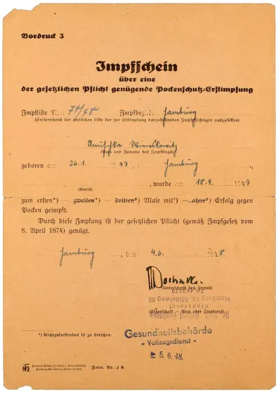 Vaccine certificate, filled out by hand with a stamp from the health authority – penal service – dated 5 Jun 1948