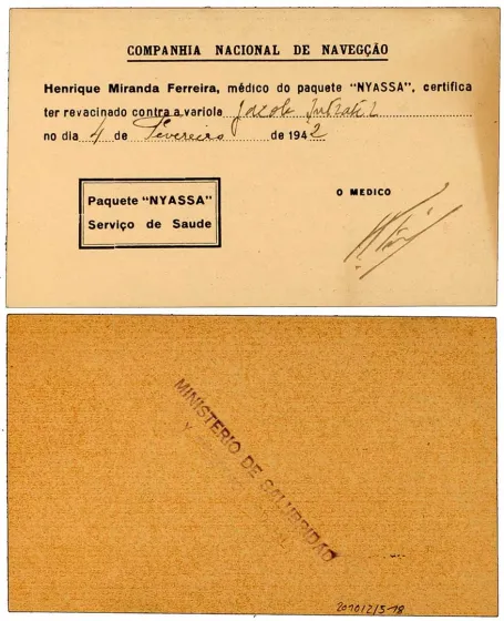 Printed Portuguese form filled out by hand; the back bears a stamp of the MINISTERIO DE SALUBRIDAD