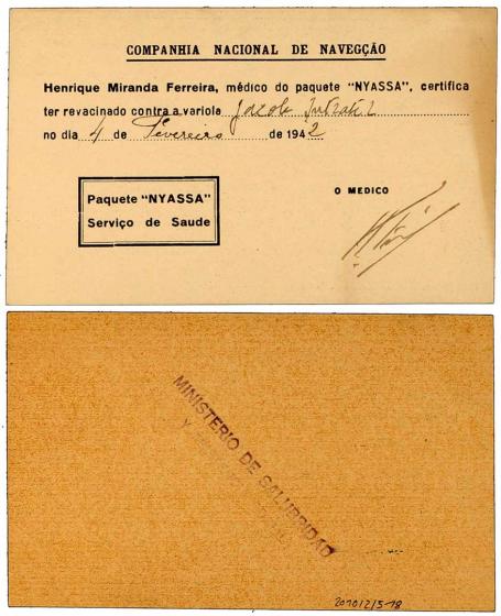 Printed Portuguese form filled out by hand; the back bears a stamp of the MINISTERIO DE SALUBRIDAD